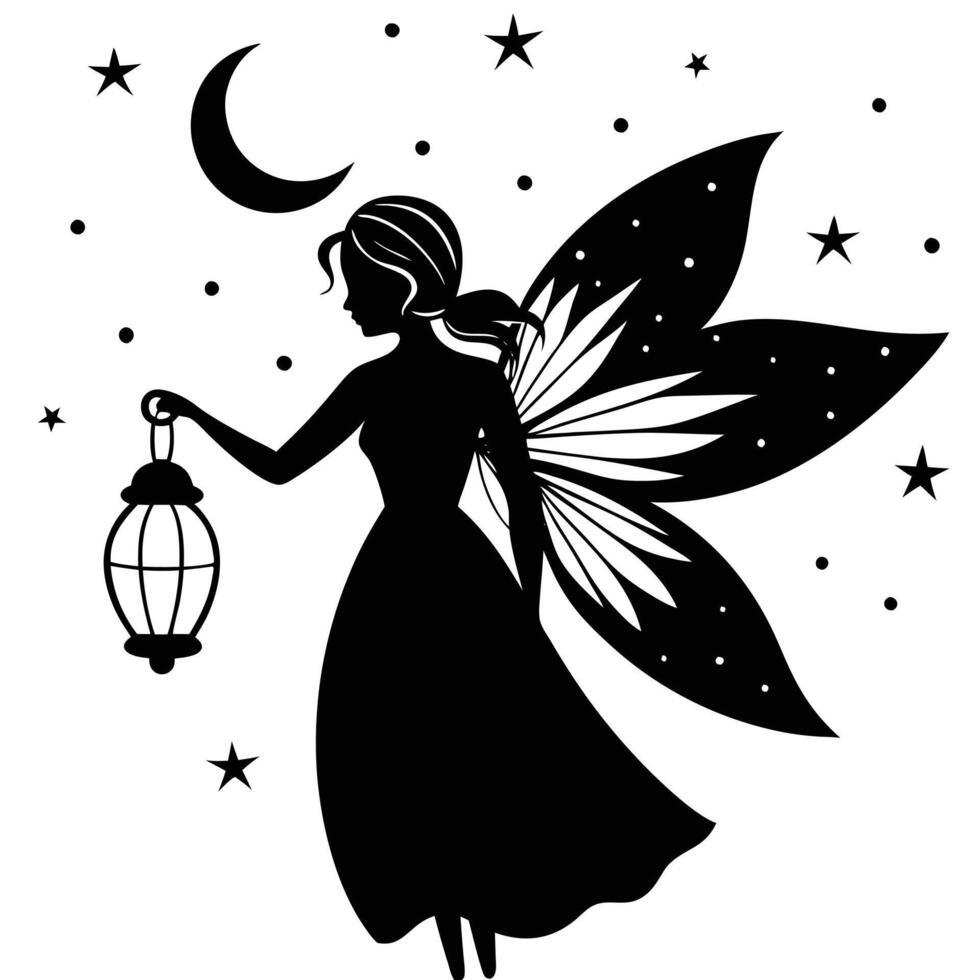 Fairy Holding Lantern Under Starry Moonlight Silhouetted on White Background vector