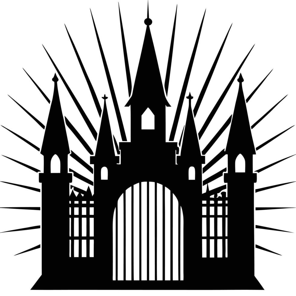 Gothic Castle Gates Illuminated Silhouetted on White Background vector