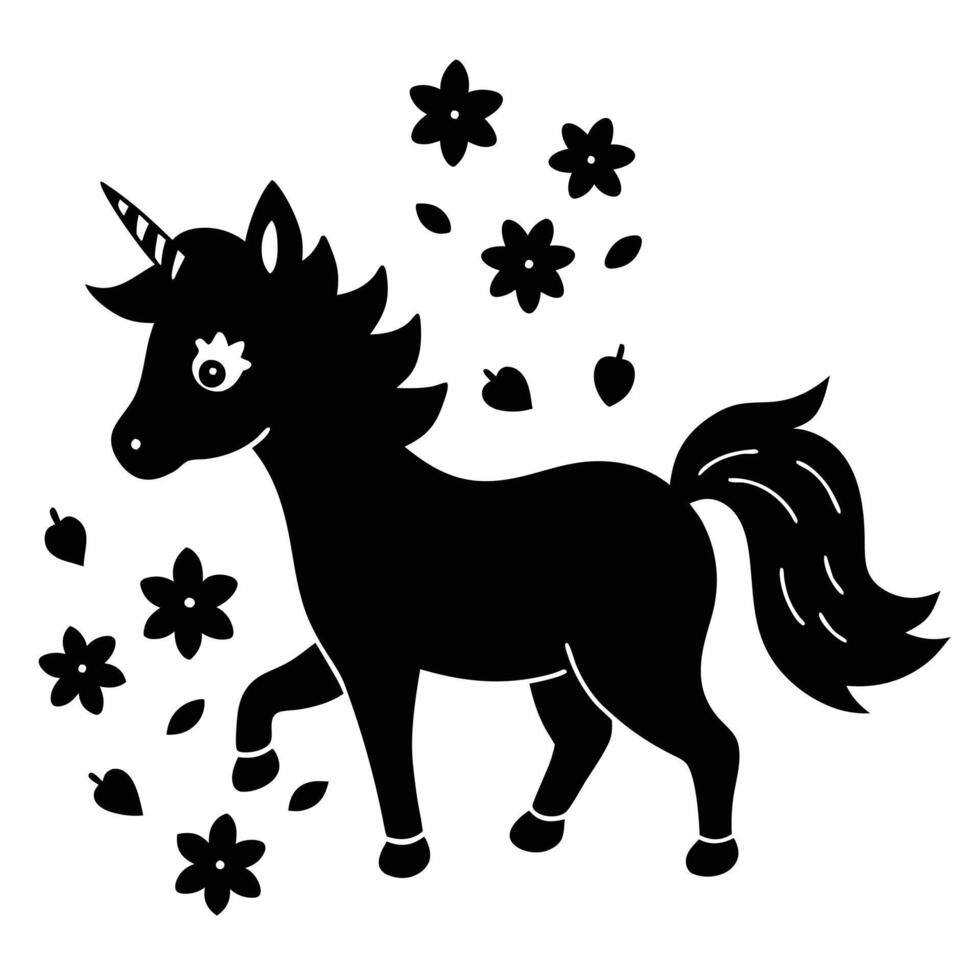 Little Unicorn Silhouette Playing Near Scattered Flowers on White Background vector