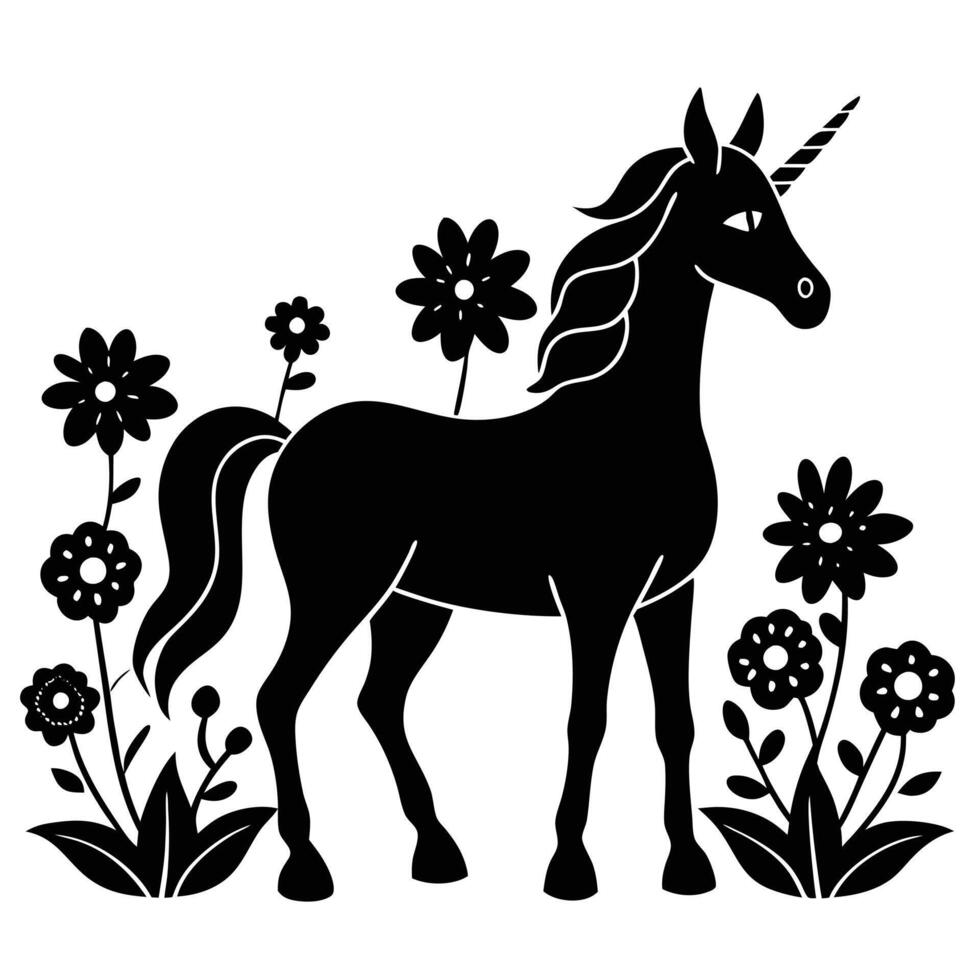 Unicorn Standing in Blooming Flowers Silhouette on White Background vector