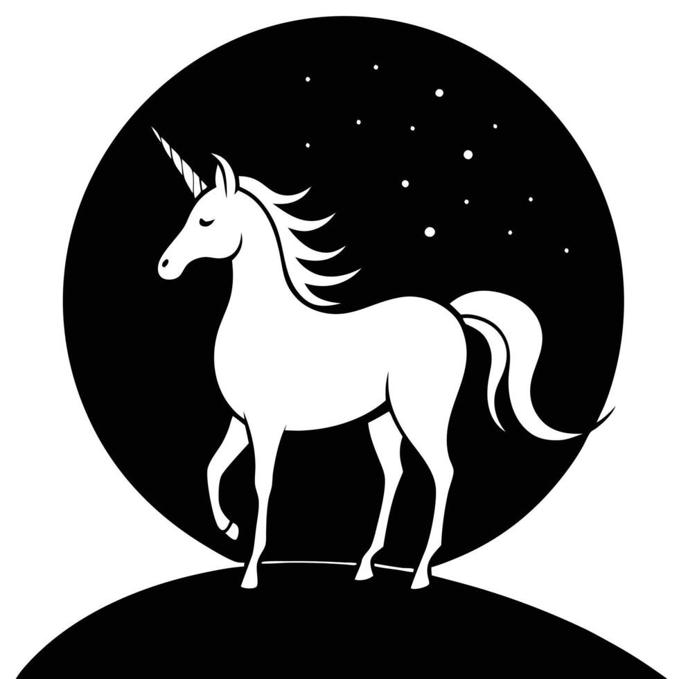 Unicorn Standing Under Full Moon Silhouette on White Background vector