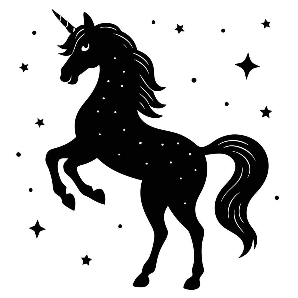 Lone Rearing Unicorn Silhouette Under Starry Sky on White Background vector