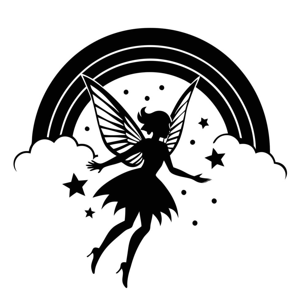 Fairy Flying Over a Rainbow Silhouetted on White Background vector