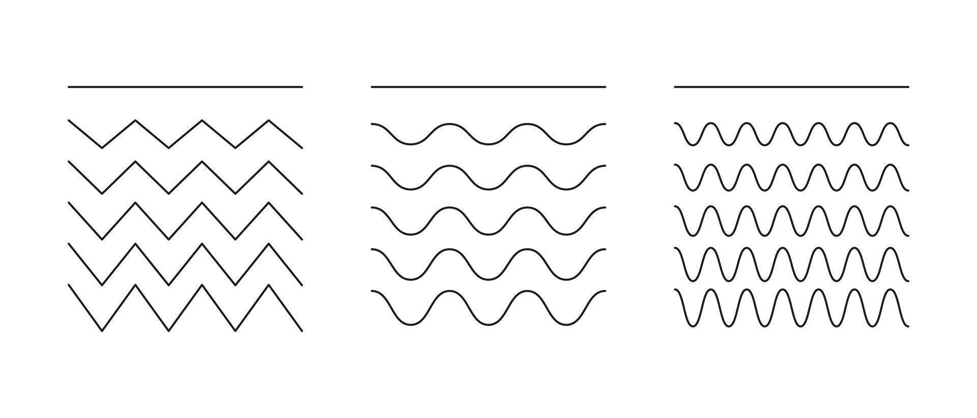 Wavy, curvy, undulate borders, transverse horizontal lines. Sine, fluid, air, wind signs. Water, river, lake, sea, ocean symbols. Minimalist graphic. vector