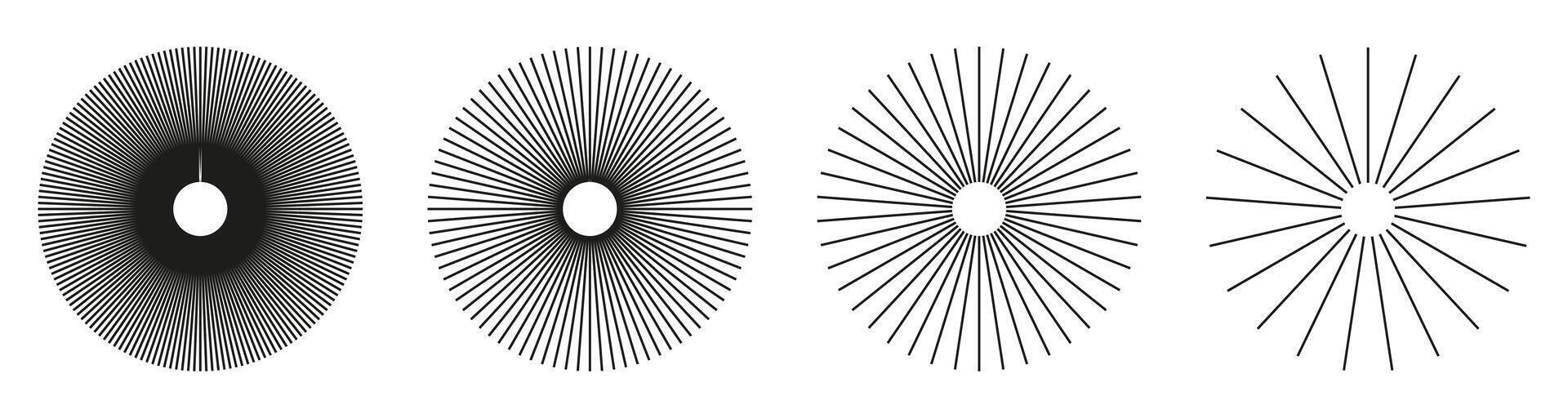 Sun star rays, burst. Radial circle radiation lines. Spokes with radiating stripes grid. Circulars lines beams. Abstract illusion simple geometric pattern. Minimalist graphic. vector