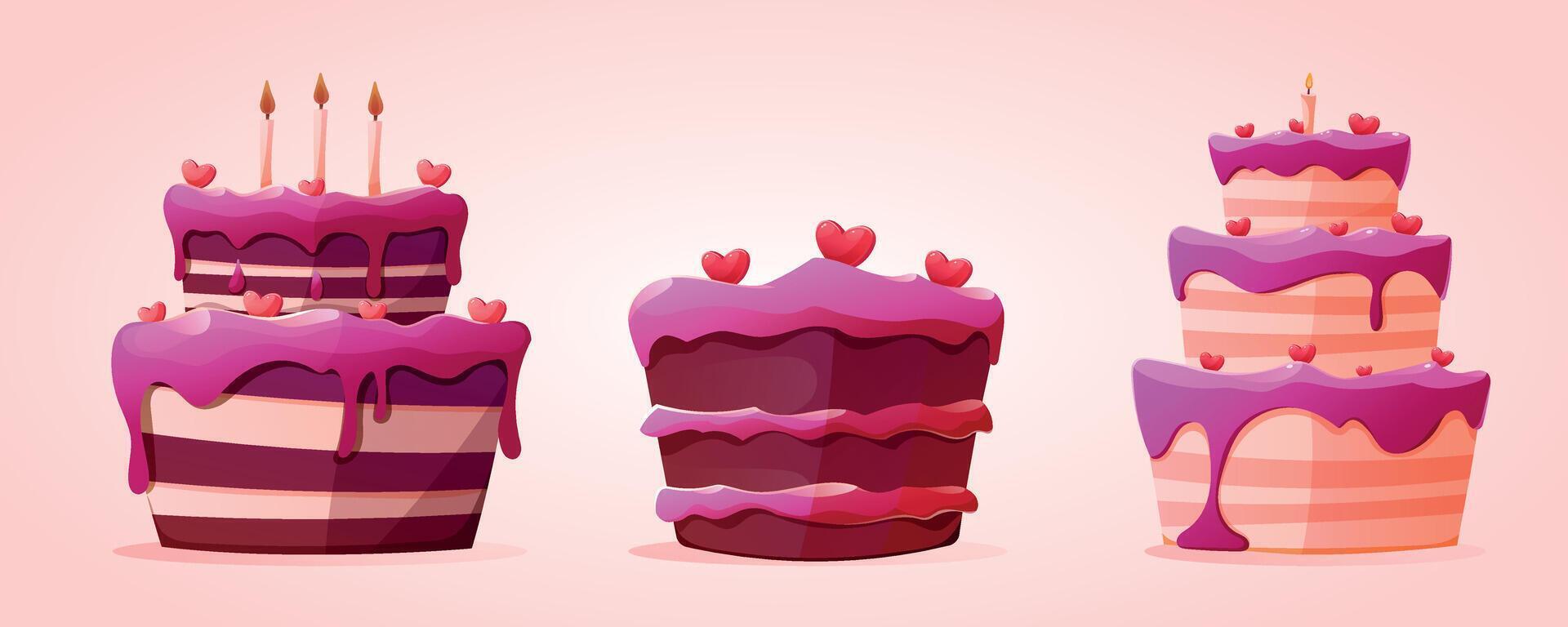 Charming cartoon isolated illustrations, set of cakes with pink frosting, heart decorations, lit candle. Birthday, wedding, or romantic Valentine's Day designs vector