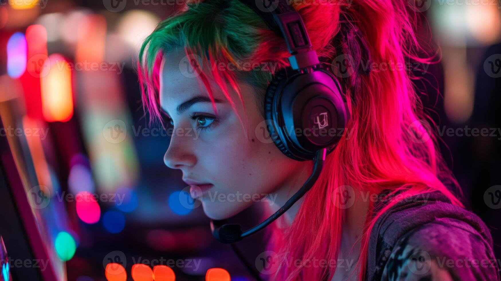 un joven mujer con vibrante rosado y verde pelo es intensamente