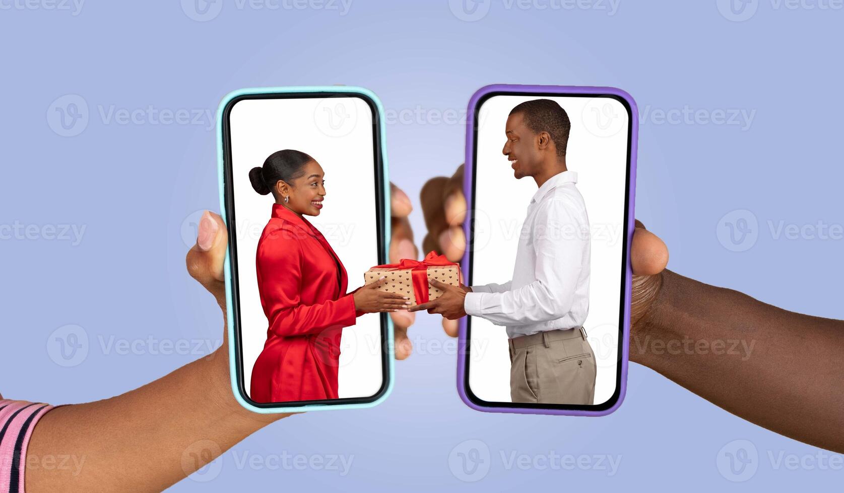 A couple exchanges a present through their smartphones, showcasing their connection and communication. Their hands appear engaged in a loving gesture, highlighting modern relationships. photo