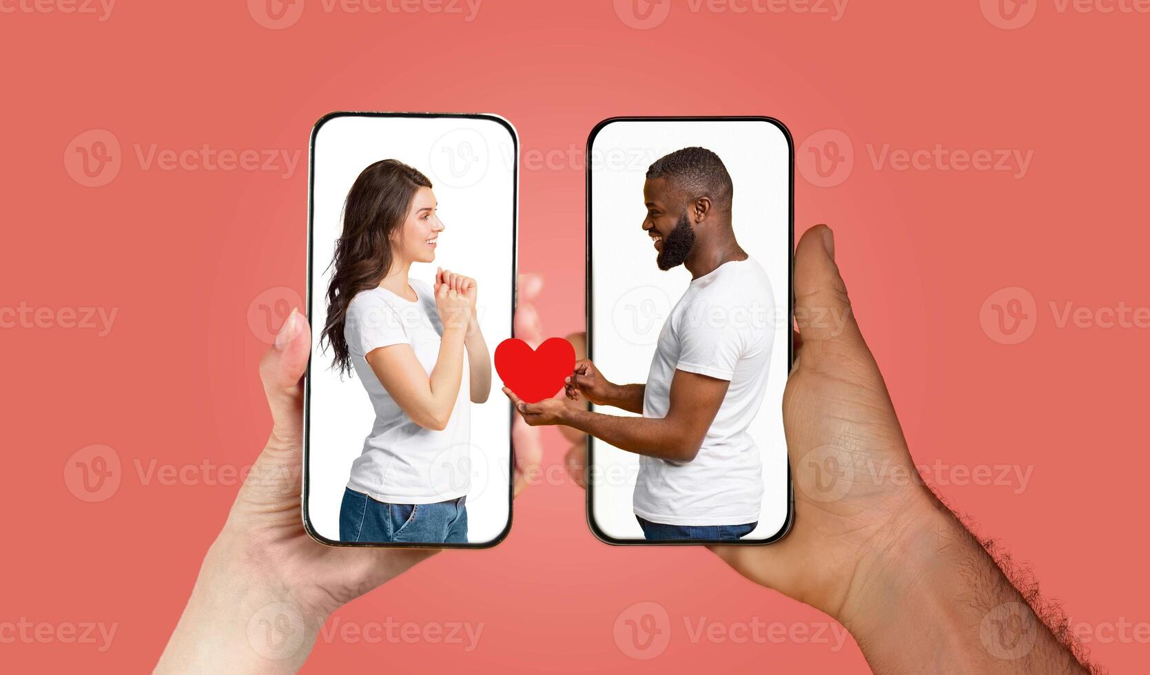 A couple uses their smartphones to send affectionate messages to each other, highlighting their love through a digital communication platform. Their enthusiasm is evident as they interact. photo