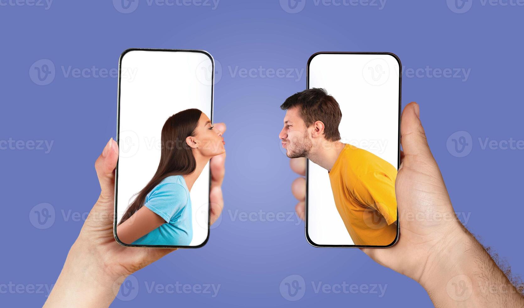 Two hands hold smartphones showcasing a couple expressing love and playfulness as they text, creating a unique interaction through technology in a vibrant setting. photo
