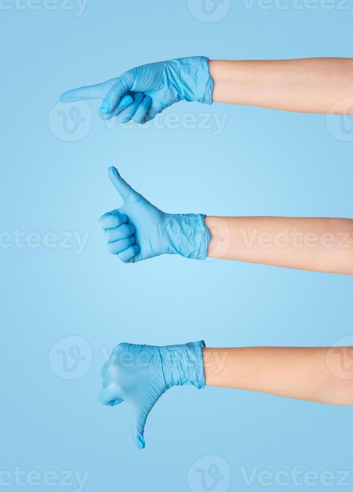 Collage with female hands in rubber gloves showing various gestures on white background, isolated photo