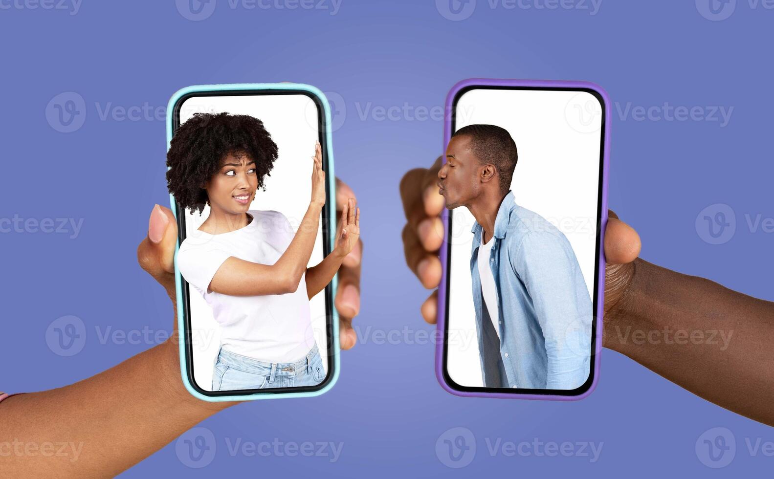 A couple connects through their smartphones, expressing love and playful interaction via text messages. Their hands showcase the excitement of modern communication and connection. photo