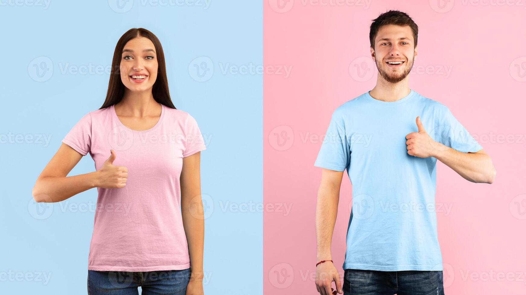We Like It. Portrait Of Smiling Man And Woman Gesturing Thumbs Up At Camera. Confident Couple Agree, Standing Isolated Over Blue And Yellow Background In Studio, Showing That They Are Fine And Okay photo
