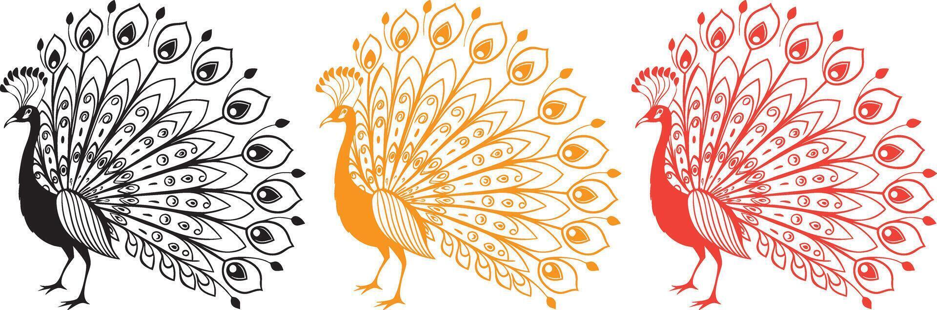 a peacock standing tall, with its feathers fanned out in full display. Intricate line details on each feather. Black lines on a white background. vector