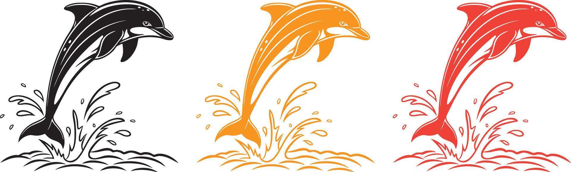 a dolphin leaping out of the water, with detailed lines showing splashes below. Sleek and dynamic, black on white line art. vector