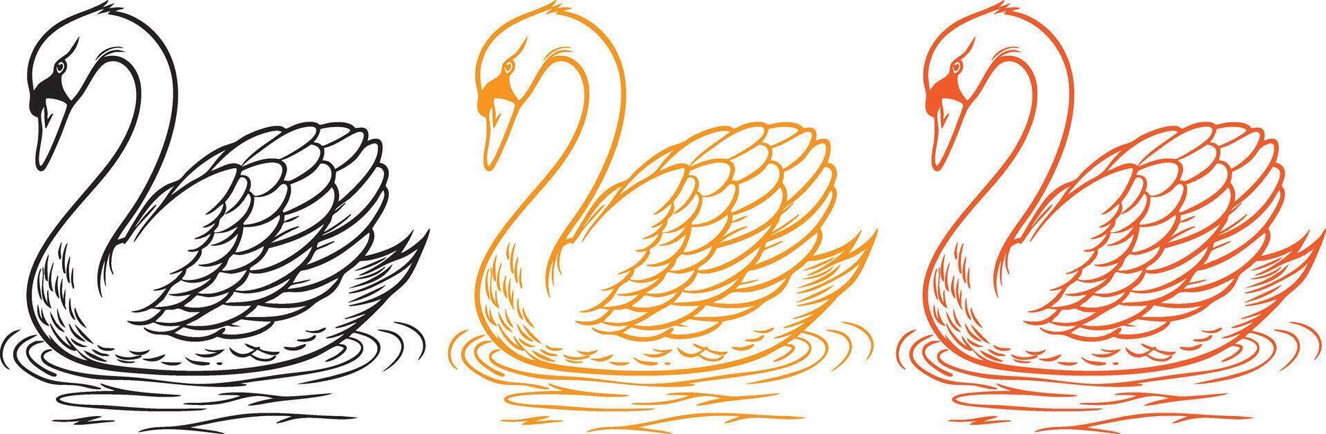 a swan with an elegant, curved neck, detailed feathers, and subtle ripples in the water beneath it. Black line art with negative space details. vector