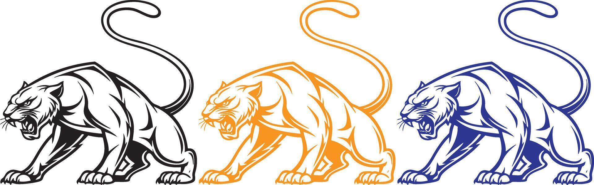 A crouching panther with a muscular body, detailed fur patterns, and sharp claws. The tail curves elegantly in the background. Black and white line illustration. vector