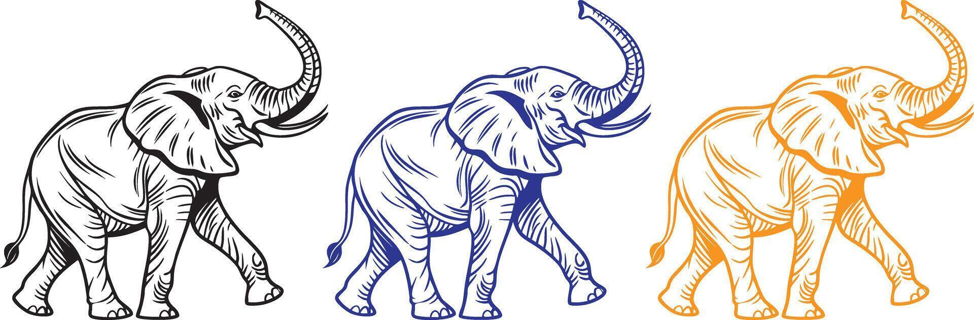 A side-profile of an elephant mid-step with its trunk raised. Detailed wrinkles on the skin and dynamic motion in the legs and ears. Black lines on a white background. vector