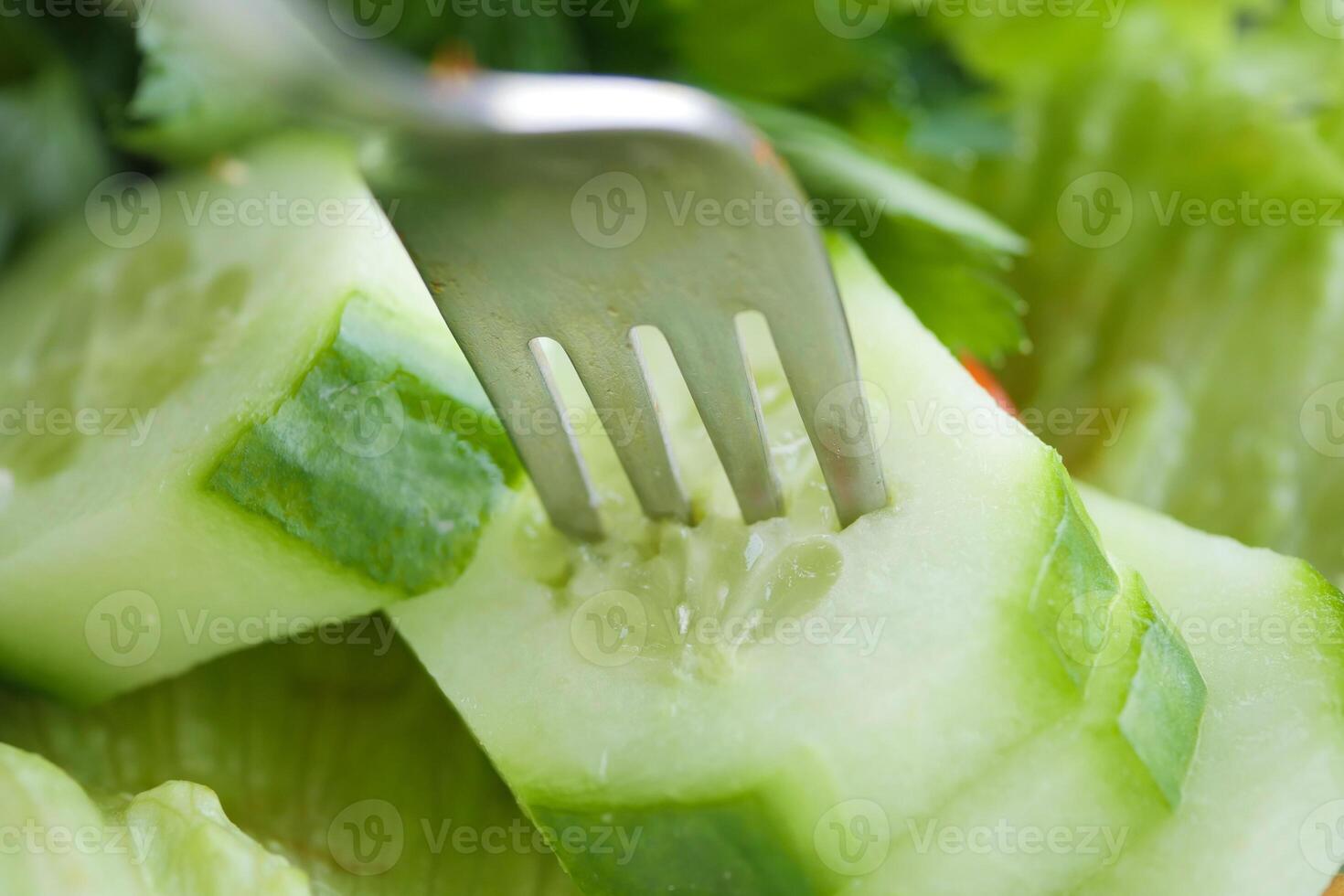 A Refreshing Fresh Cucumber Salad Served with a Green Garnish and Fork photo