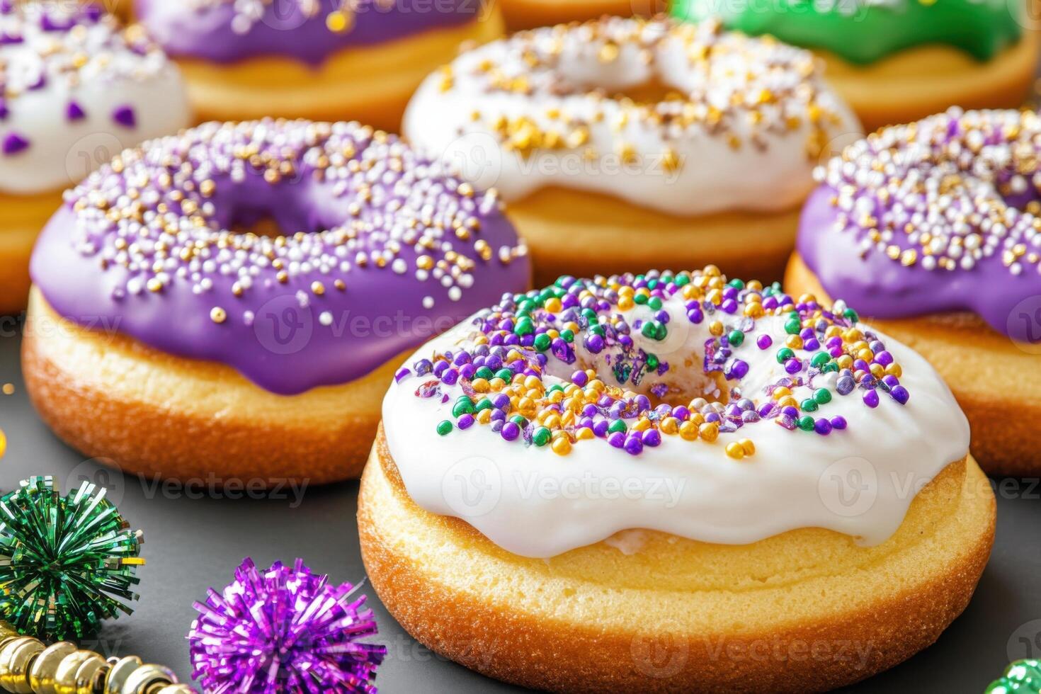 Celebrate Mardi Gras with colorful King Cakes decorated with vibrant beads and flowers on a festive table photo