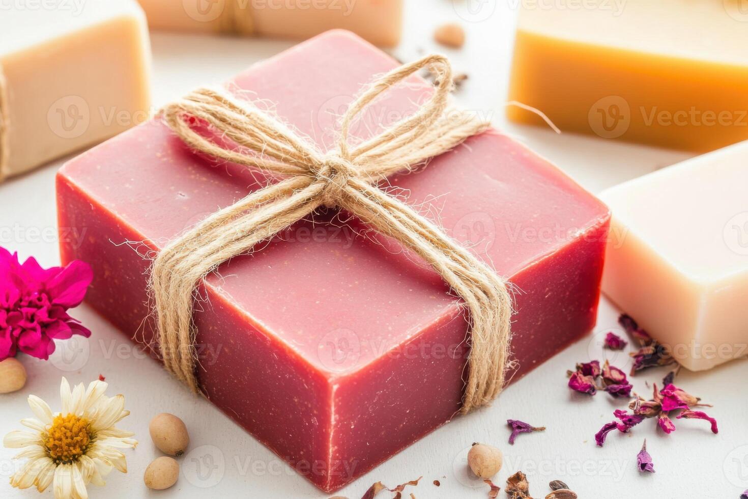 Artisan soaps in rich hues of red, beige, and brown, beautifully tied with twine and accented with dried flowers enhance natural decor photo