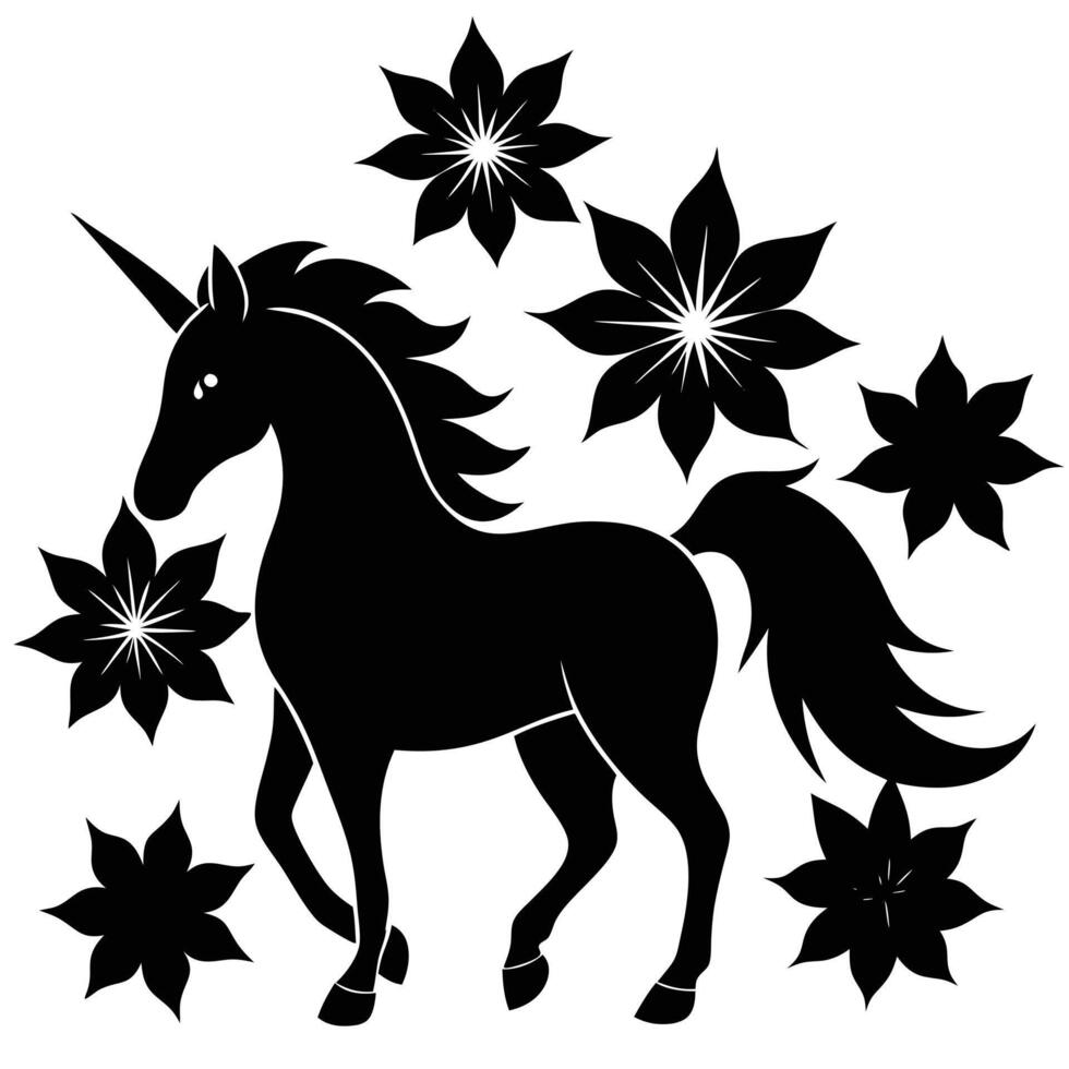 Silhouetted Unicorn Surrounded by Glowing Flowers Silhouette on White Background vector