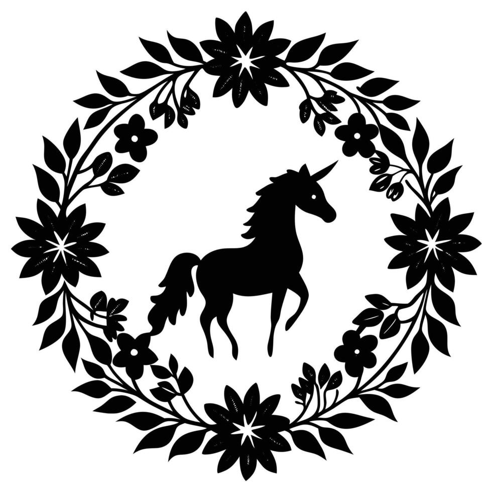 Unicorn Silhouette Surrounded by Floral Wreath on White Background vector