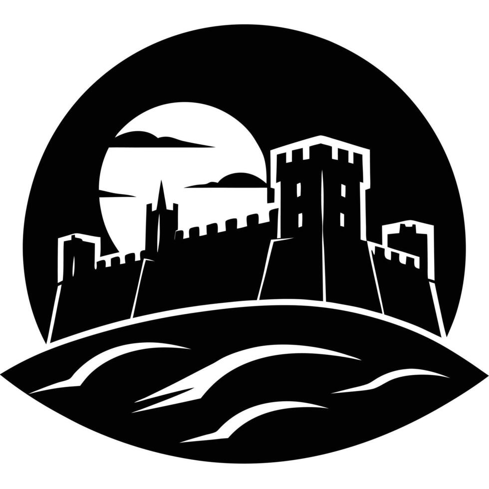 Strong Medieval Castle Walls under Glowing Sunset Silhouetted on White Background vector