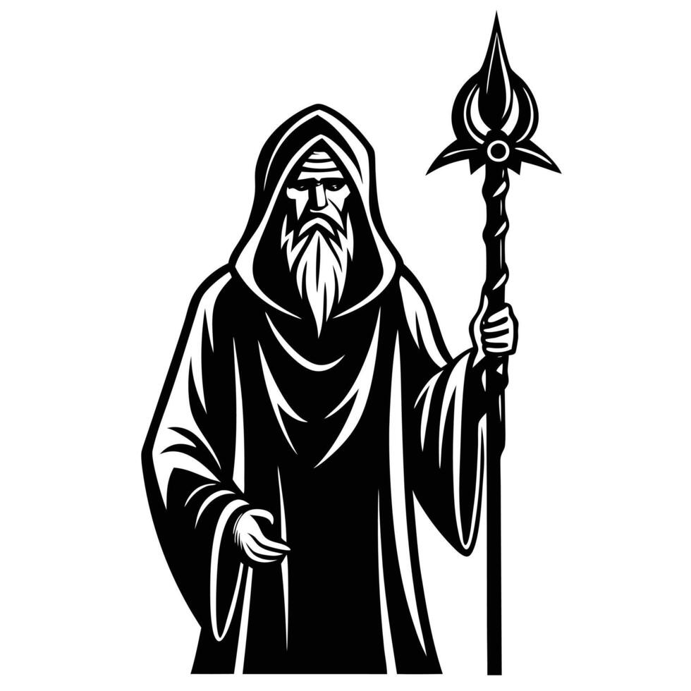 Hooded wizard with ornate staff silhouetted on white background vector