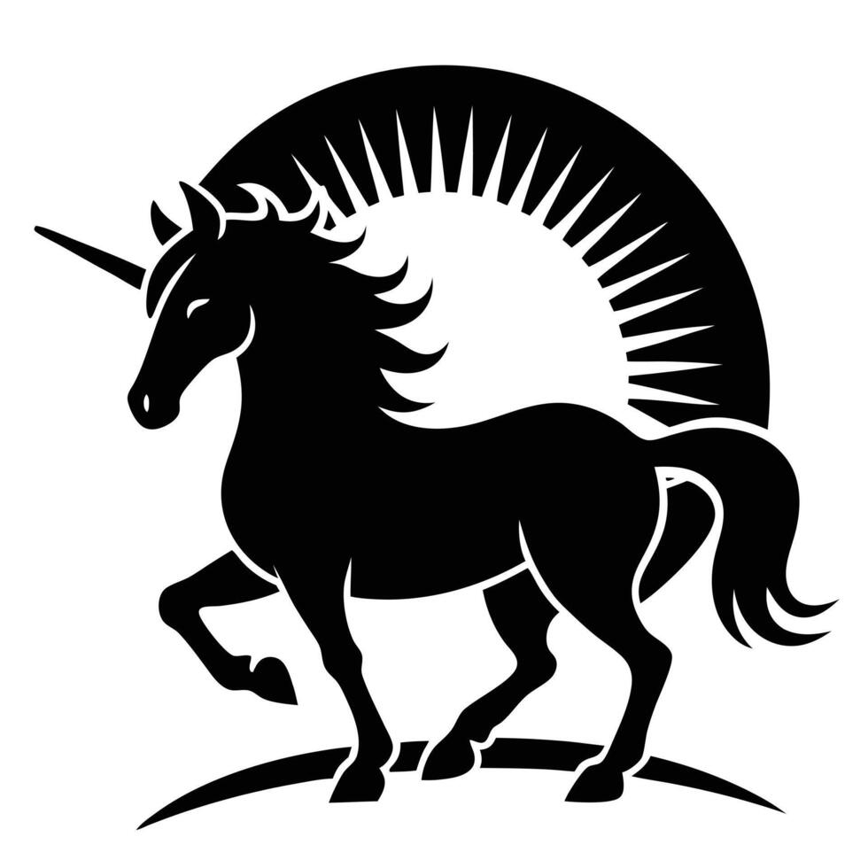 Unicorn Mid-Stride Under Sunset Glow Silhouette on White Background vector