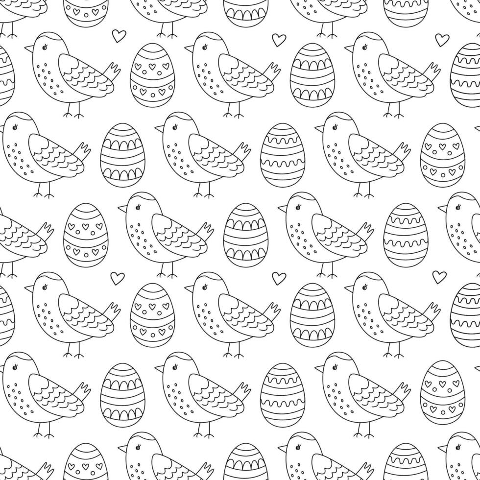 Spring seamless pattern with Easter eggs and cute birds. Illustration in doodle hand drawn style, black outline. Great for coloring, wrapping paper vector