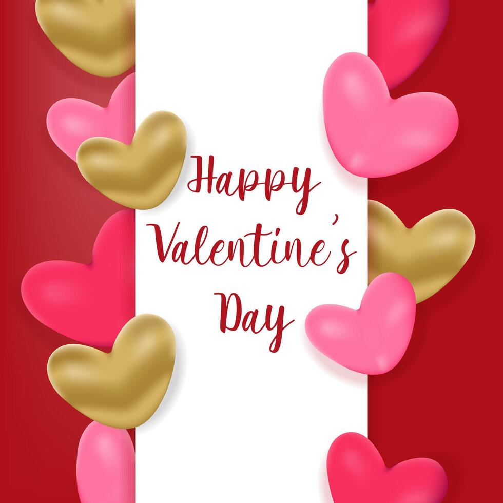 Happy valentines day banner background with pink and gold hearts vector
