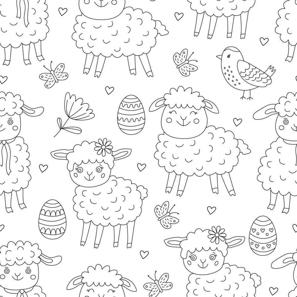Spring seamless pattern with Easter eggs, flowers, little funny lambs and cute birds. Illustration in doodle hand drawn style, black outline. Great for coloring, wrapping paper vector