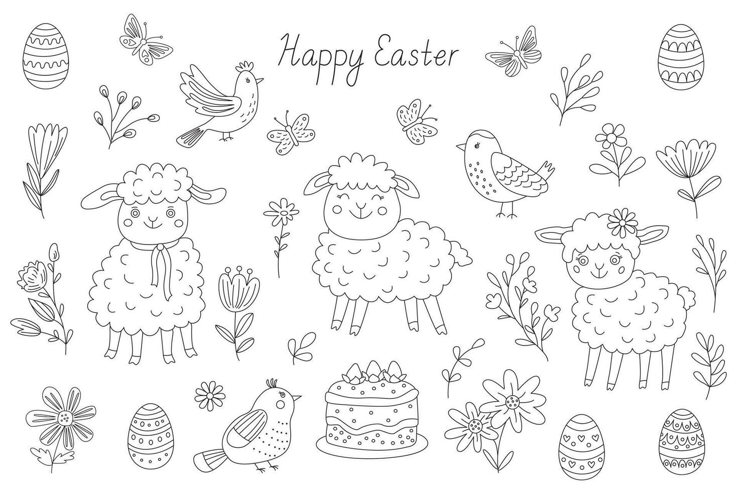 Spring set with cute funny little lambs, flowers, birds and Easter eggs. Happy Easter hand drawn lettering, doodle style, black outline, ideal for coloring book vector