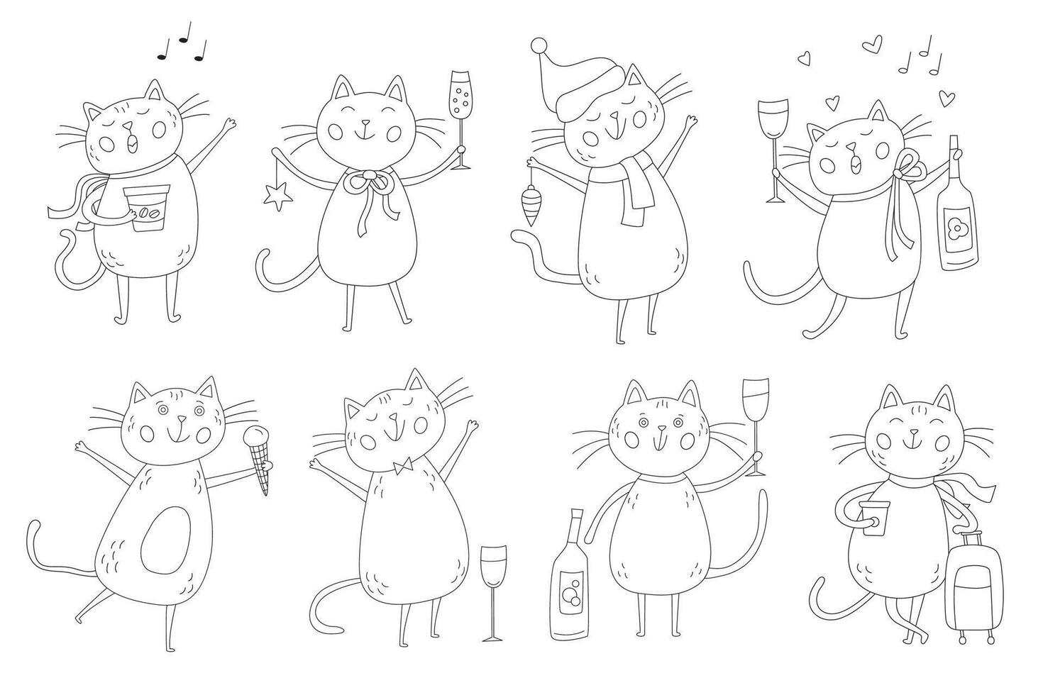 Set of doodle hand drawn illustrations with festive funny cats vector