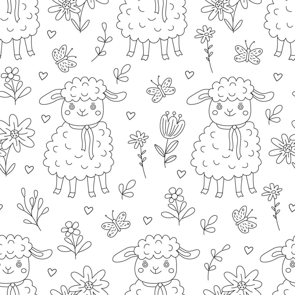 Spring seamless pattern with little funny lambs, flowers and butterflies. Illustration in doodle hand drawn style, black outline. Great for coloring, wrapping paper, Easter theme vector