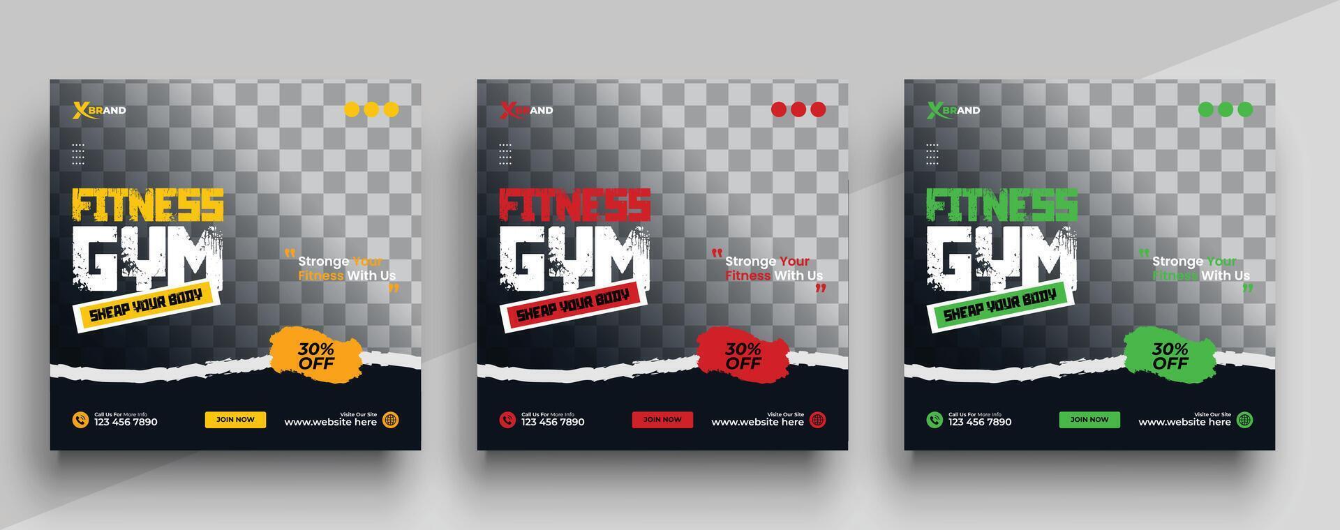 Set of Gym and Fitness social media post banner template with black red and yellow color, Sports and Fitness social media post banner. Suitable for social media, flyers, vector
