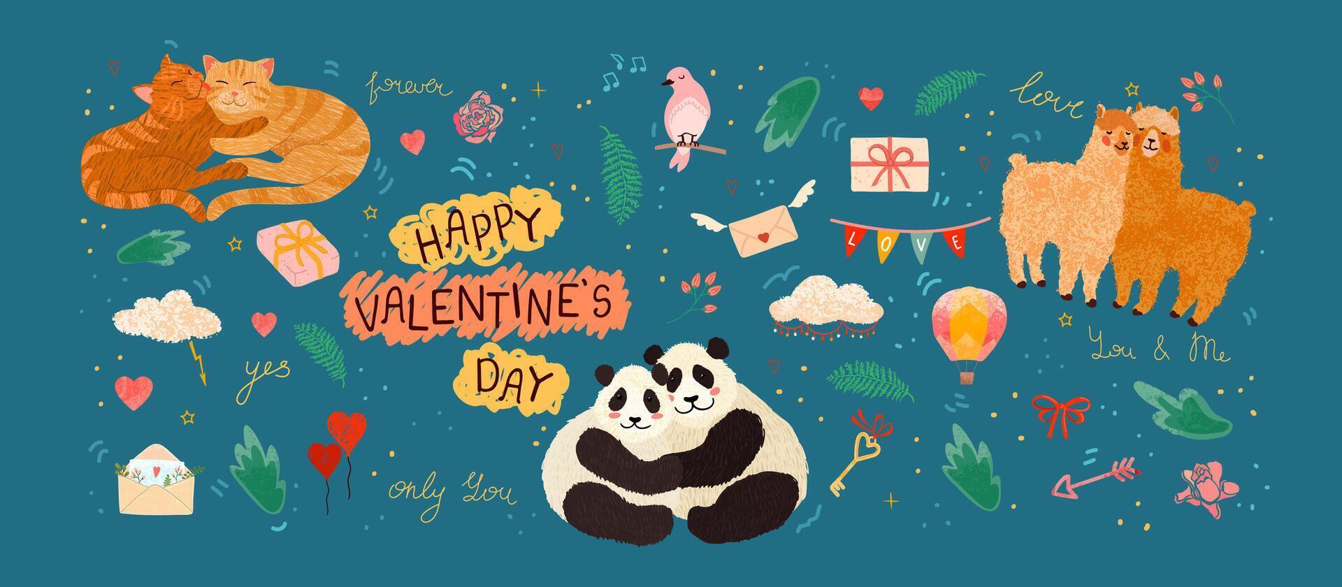 Happy Valentines Day Colorful Illustrations Set vector