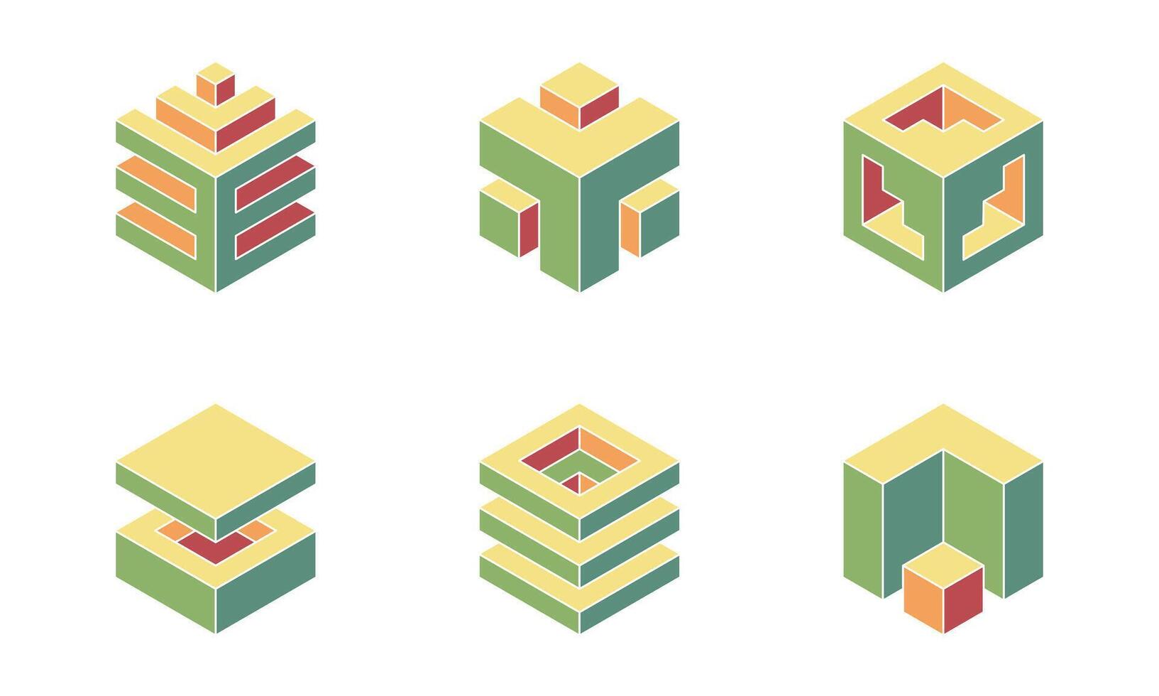 Cube logo, geometric design. Set box logotype company, trendy techno emblem in isometric 3D style. vector