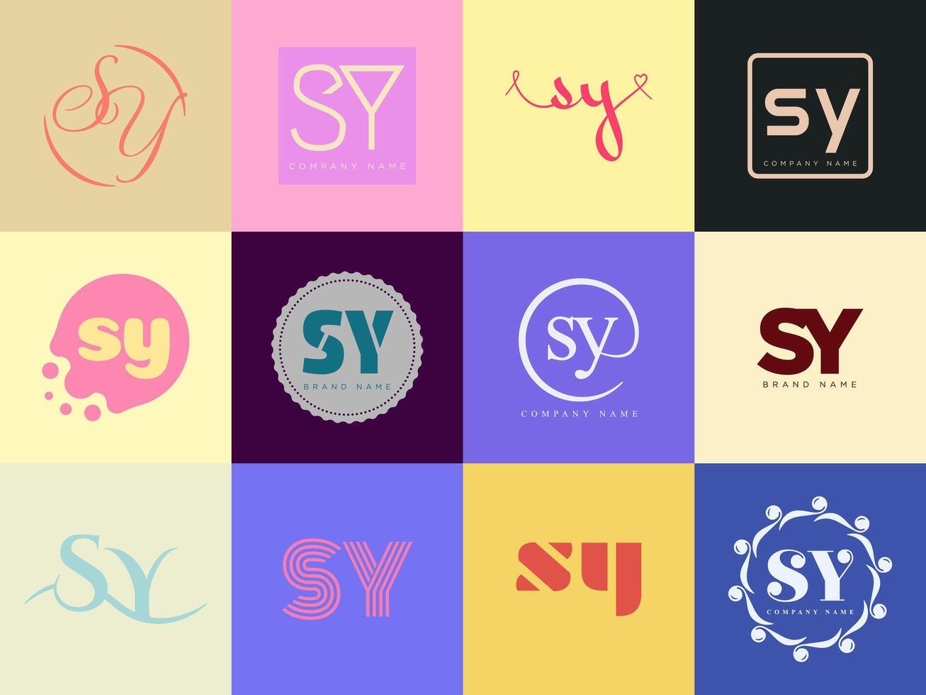 SY logo company template. Letter s and y logotype. Set different classic serif lettering and modern bold text with design elements. Initial font typography. vector