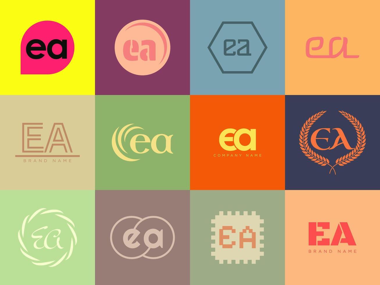 EA logo company template. Letter e and a logotype. Set different classic serif lettering and modern bold text with design elements. Initial font typography. vector