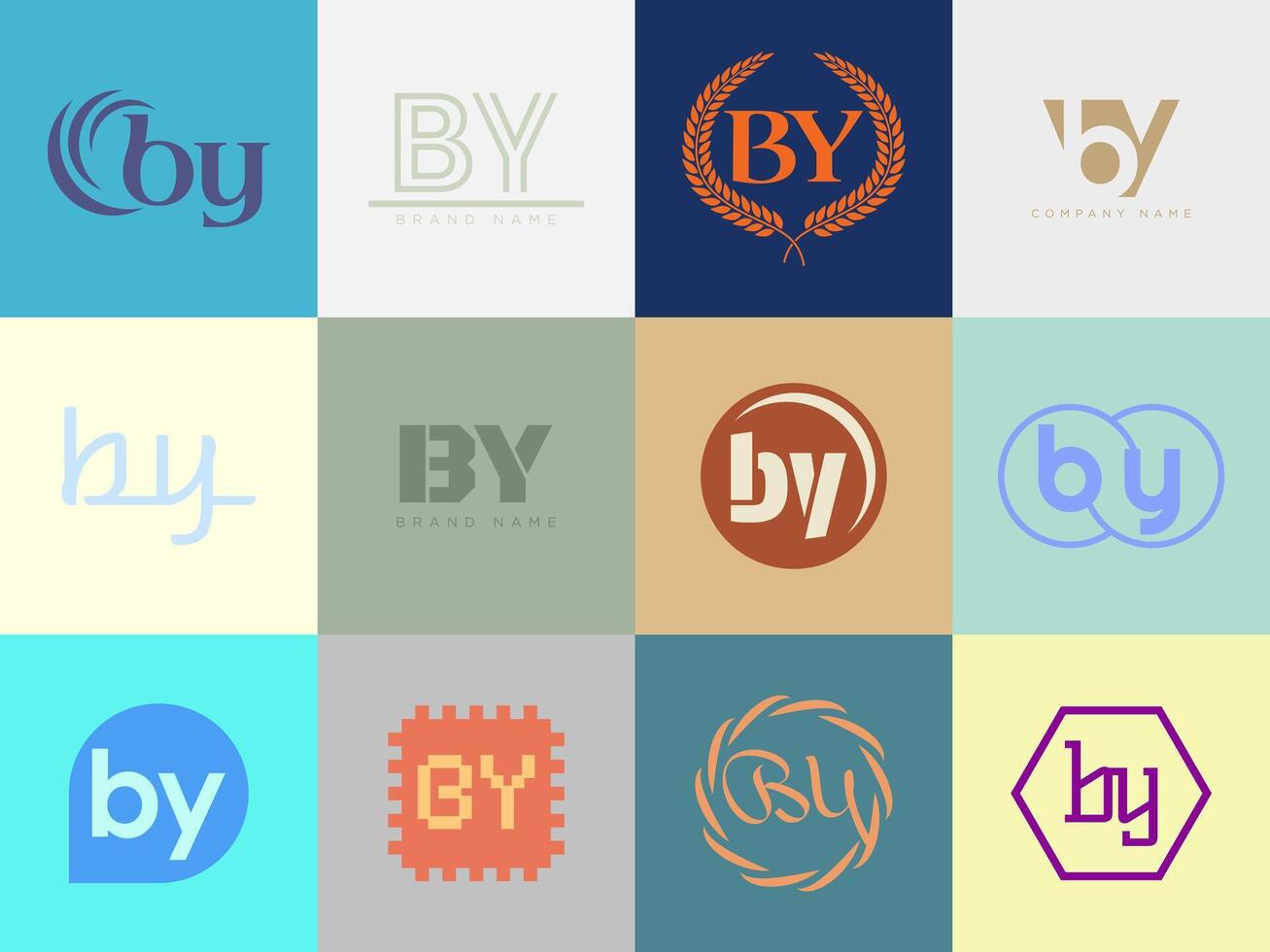 BY logo company template. Letter b and y logotype. Set different classic serif lettering and modern bold text with design elements. Initial font typography. vector