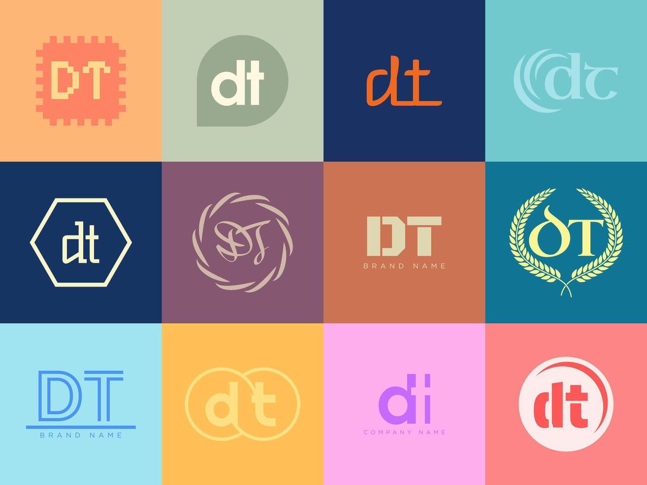 DT logo company template. Letter d and t logotype. Set different classic serif lettering and modern bold text with design elements. Initial font typography. vector