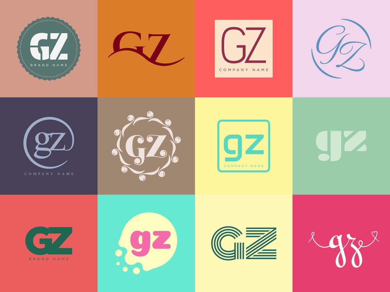 GZ logo company template. Letter g and z logotype. Set different classic serif lettering and modern bold text with design elements. Initial font typography. vector