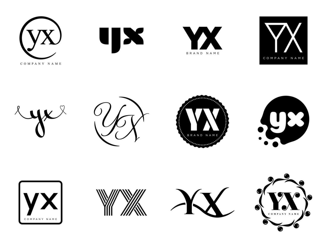 YX logo company template. Letter y and x logotype. Set different classic serif lettering and modern bold text with design elements. Initial font typography. vector