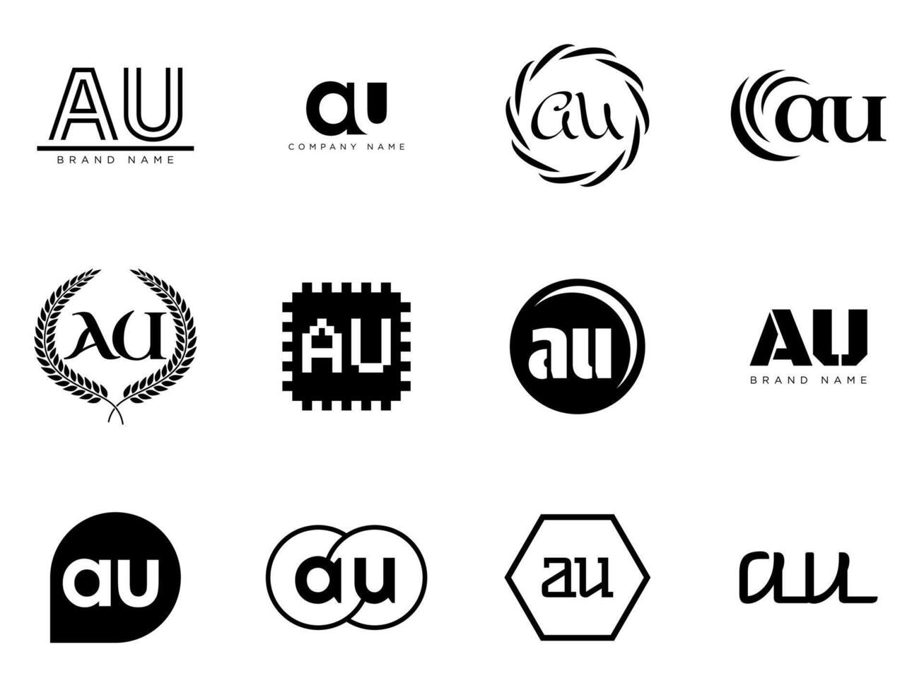 AU logo company template. Letter a and u logotype. Set different classic serif lettering and modern bold text with design elements. Initial font typography. vector