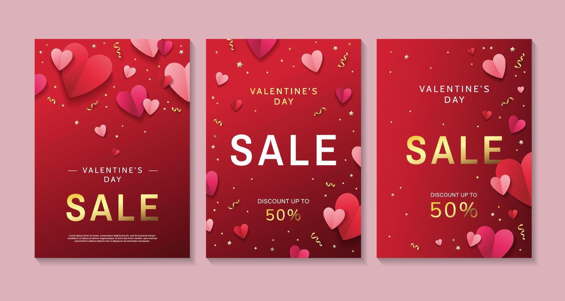 Valentine's day sale posters set with red and pink paper hearts and golden confetti on red background. Discount up to 50 vector
