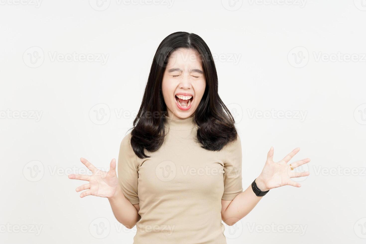 Angry gesture and screaming Of Beautiful Asian Woman Isolated On White Background photo