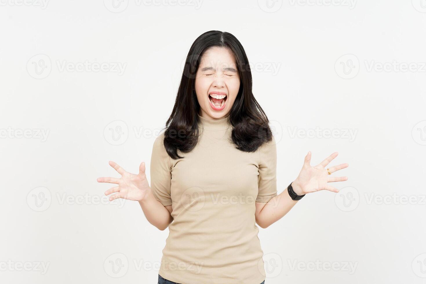 Angry gesture and screaming Of Beautiful Asian Woman Isolated On White Background photo