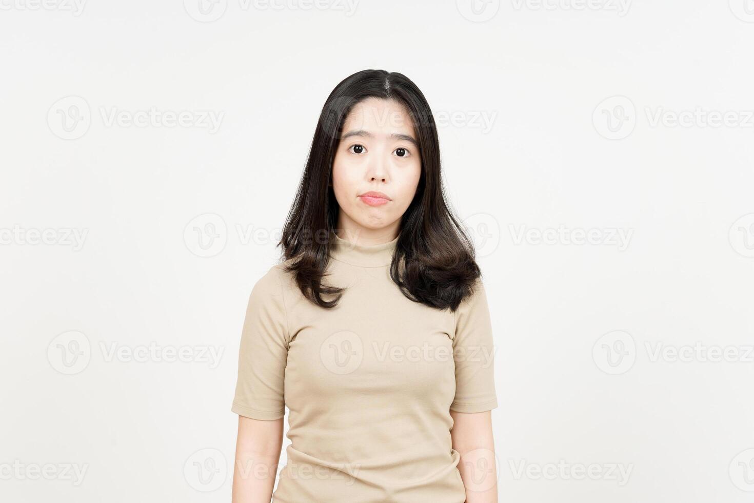 Looking to Camera with Expressionless Face Of Beautiful Asian Woman Isolated On White Background photo